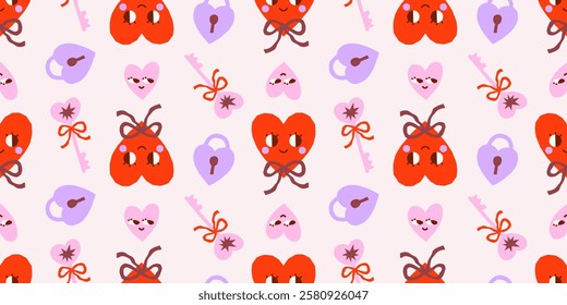 Valentine's Day cute vector seamless pattern with groovy heart characters, lock and key with bows on pink background