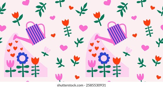 Valentine's Day cute vector seamless pattern with watering can, garden flowers and hearts on light pink background