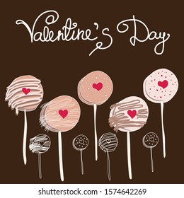 Valentine's day cute and yummy collection chocolate covered oreo pops set vector illustration on brown background. Love pastry sweets vector bakery products desserts. Flat style