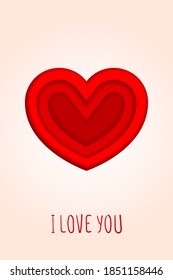 valentines day cut-out greeting card red heart with text I love you.