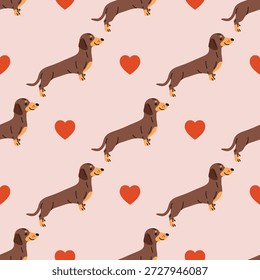 Día de San Valentín Dachshunds patrón sin fisuras con símbolo de corazón. Amar Dachshunds ilustración plana. Lindos perros de salchichas de dibujos animados. 