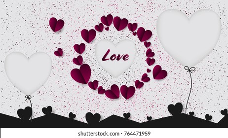 Valentine's day of dark pink or young punk teenage concept.Included tree hearts die-cut ,one circle of hearts ,splash of glitter texture, black hearts on bottom and balloon strings.Paper art style.