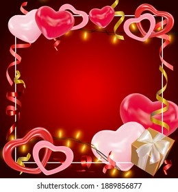 Valentines day dark red background with pink and red hearts, shining garlands, gifts box, tinsel. Cute romantic composition for greeting card, flyer, banner, wedding invitation