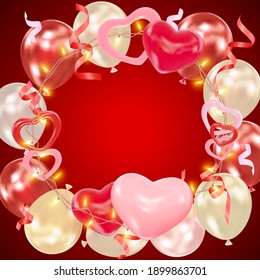 Valentines day dark red background with hearts, balloons, shining garlands, tinsel. Romantic composition with space for text for greeting card, flyer, banner, wedding invitation. Vector illustration