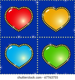 Valentine's day dark-blue abstract background with glass multicolor hearts and golden stars. Seamless pattern. Vector illustration.