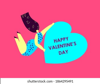 Valentines Day Date. Happy Single Woman Lady Holding Heart. Girl Loving Herself. Alone Holiday Celebrating.Strong Independent Woman Dancong and Jumping on Valentine Day. Love Feeling Flat Illustration