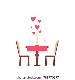 Valentine's day decor. Dinner for couple in love dating. Heart, candle, champagne