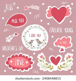 Valentines day decor set isolated on pink background. Including couple of birds, botany elements, hearts, arrows and inscriptions kiss, miss you, forever yours and i love you