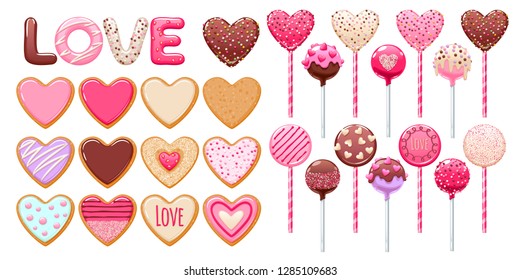 Valentine's day decorated cookies, cake pops and lollipops set vector illustration.