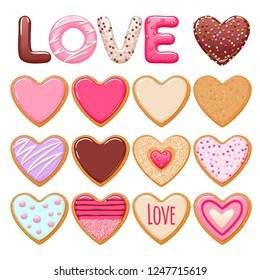 Valentine's day decorated cookies set vector illustration. Icing letters and hearts. 