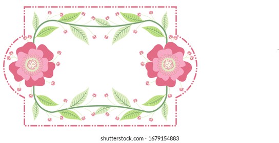Valentine's Day Decoration. A beautiful pink flower frame and dense green leaves with space for text on a white background.