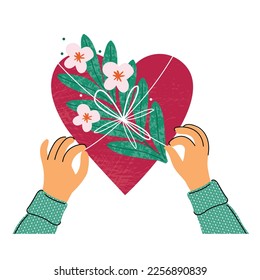 Valentine's day. Decoration of a big red heart with flowers and a bow. Declaration of love. Making a valentine of a loved one. Hand drawn vector flat illustration for banner, postcard or poster