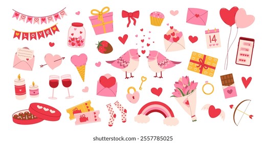 Valentines Day decoration elements big set. Flat vector isolated illustration