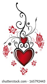 Valentines day decoration, Hearts with flowers and butterflies