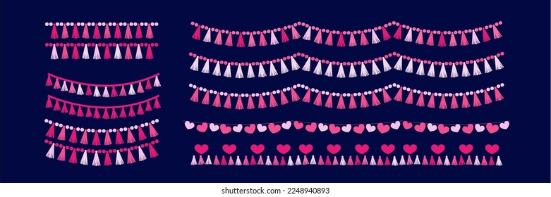 Valentine's day decoration set garlands and buntings made of tassels, stars, beads. Party supplies. Flat vector illustration