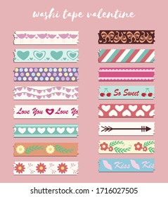 Valentines Day decoration and washi tapes, vector set. for scrapbook