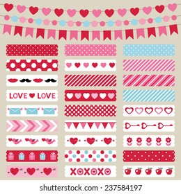 Valentines Day decoration and washi tapes, vector set