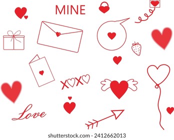 Valentine's day decorations set isolated on white background. Includes gift, envelope, greeting card, balloon, text bubble, multiple text, and love elements
