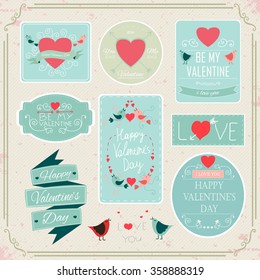 Valentines Day Decorations Vector Design Elements. Symbols, Icons, Vintage Labels, Badges, Ornaments and Ribbon. 