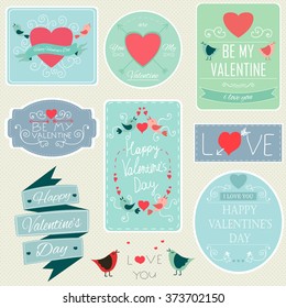 Valentines Day Decorations Vector Design Elements. Symbols, Icons, Vintage Labels, Badges, Ornaments and Ribbon.