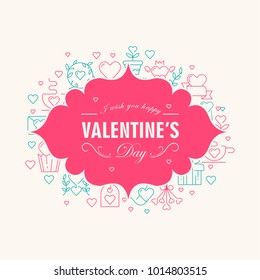 Valentines day decorative card with wishes be happy on the elegant rose frame with many icons such as heart, twig, envelope on white background vector illustration