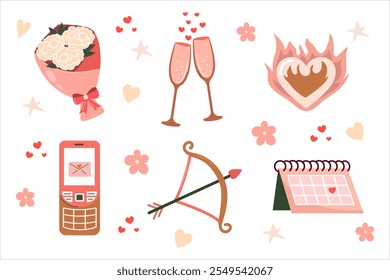 Valentine's day decorative elements, icon set, stickers collection, clipart.  Flowers, champagne, heart, bow, arrow, calendar, and retro phone. Vector illustration