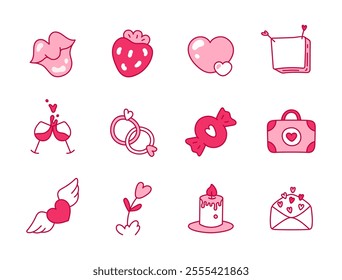 Valentines day decors set isolated. Including kiss, strawberries, two glasses of wine, envelope with hearts, candle, heart-shaped flower, wedding rings, first aid kit with heart