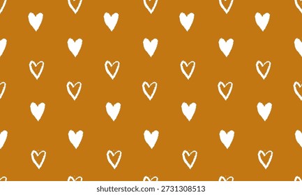 Valentinstag Hirsch Herzmuster Hintergrund. Handgezeichnete Herzen, inspiriert von niedlichen Waldtieren. Nahtlose romantische Illustration in warmen Farben.