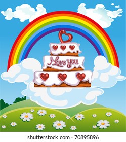 Valentine`s day delicious cake on cloud in heaven