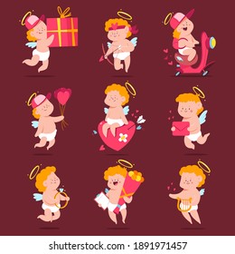 Valentines day delivery with cute cupid characters vector cartoon set isolated on background.