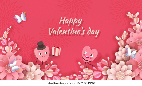 Valentines day design, animated cute hearts, a young man gives a girl a gift among blooming peonies and butterfly. Festive vector banner in coral color.