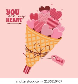 Valentine's Day design. Beautiful bouquet of hearts for valentine's day. Holiday banner, web poster, flyer, stylish brochure, greeting card, cover. Romantic background