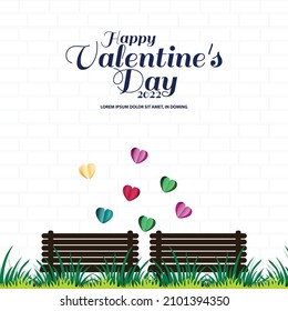 Valentine's Day Design. Concept Of Love, Empty Bench On Grass In The Park. Holiday Banner, Web Poster, Flyer, Stylish Brochure, Greeting Card, Cover. Romantic Background.