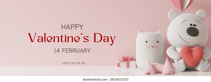 Valentine's Day design. Cup with teddy bear, heart and gift boxes. banner, background and sending love.
