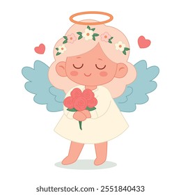 Valentine's Day design. Cute angel girl with blue wings in a white dress with blond hair takes red roses in hands isolated on a white background. For web, cards, posters, invitations, stickers