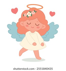 Design do Dia dos Namorados. Menina de anjo bonito com asas azuis em um vestido branco com cabelo vermelho isolado em um fundo branco. Para web, cartões, cartazes, convites, adesivos. Ilustração vetorial