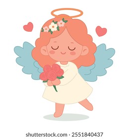 Design do Dia dos Namorados. Menina de anjo bonito com asas azuis em um vestido branco com cabelo vermelho toma rosas vermelhas em mãos isoladas em um fundo branco. Para web, cartões, cartazes, convites, adesivos