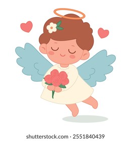 Design do Dia dos Namorados. Menina de anjo bonito com asas azuis em um vestido branco com cabelo marrom leva rosas vermelhas em mãos isoladas em um fundo branco. Para web, cartões, cartazes, convites, adesivos. 