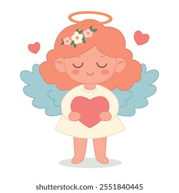 Design do Dia dos Namorados. Menina de anjo bonito com asas azuis em um vestido branco com cabelo vermelho toma o coração em mãos isoladas em um fundo branco. Para web, cartões, cartazes, convites, adesivos