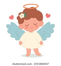 Design do Dia dos Namorados. Menina de anjo bonito com asas azuis em um vestido branco com cabelo castanho isolado em um fundo branco. Para web, cartões, cartazes, convites, adesivos. Ilustração vetorial