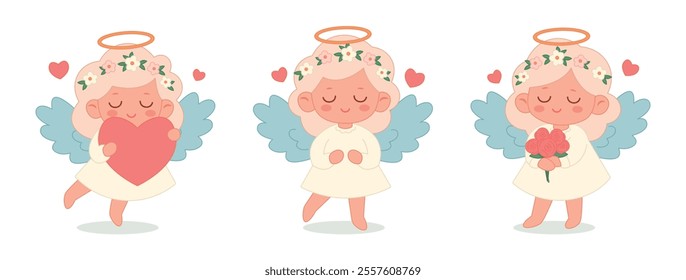 Valentine's Day design. Cute angel girls with blue wings in a white dress with blond hair set isolated on a white background. For web, cards, posters, invitations, stickers. Vector illustration