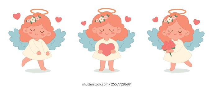 Valentine's Day design. Cute angel girls with blue wings in a white dress with red hair set isolated on a white background. For web, cards, posters, invitations, stickers. Vector illustration