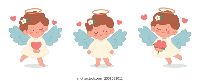 Valentine's Day design. Cute angel girls with blue wings in a white dress with brown hair set isolated on a white background. For web, cards, posters, invitations, stickers. Vector illustration