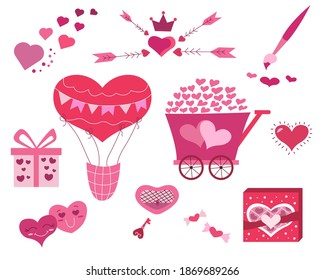 Valentines Day design cute set. Vector illustration on white background. Design for prints, cards and coloring page. Valentine's day theme poster.