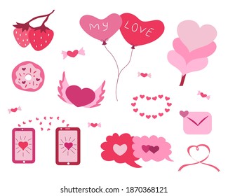 Valentines Day design cute set. Vector illustration on white background. Design for prints, cards and coloring page. Valentine's day theme poster.