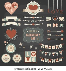 Valentine's Day design and decoration elements set on dark gray background