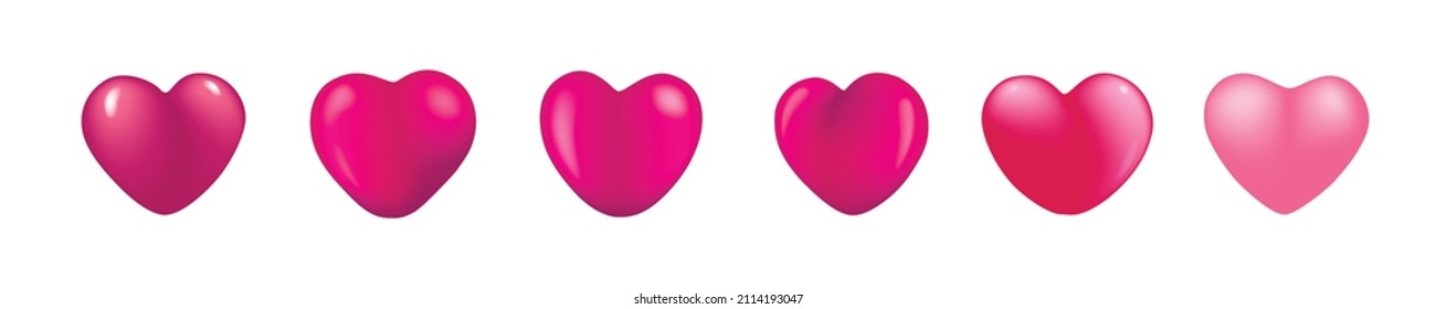 Valentine's Day design element, 3d realistic heart icon composition, set of 6 shades red
