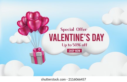 Elemento de diseño del Día de San Valentín, corazón 3d realista, caja de regalo y composición en la nube