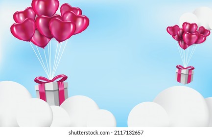 Valentine's Day design element, 3d realistic heart, gift box and cloud banner template