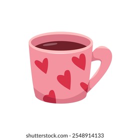 Valentine's day design element. Pink festive mug with hearts. Hand drawn vector illustration.